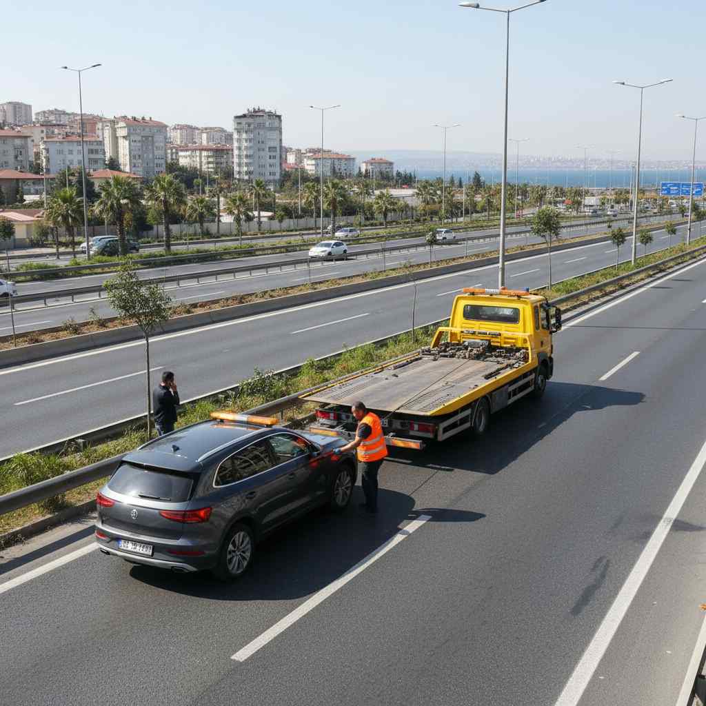 Avcılar'da yolda kalmış bir araç ve oto çekici.
