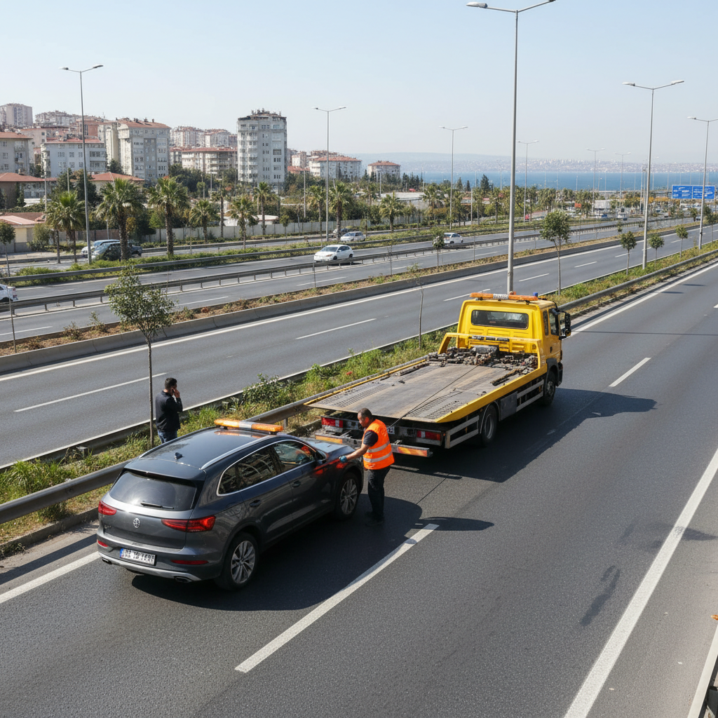 Avcılar'da yolda kalmış bir araç ve oto çekici.
