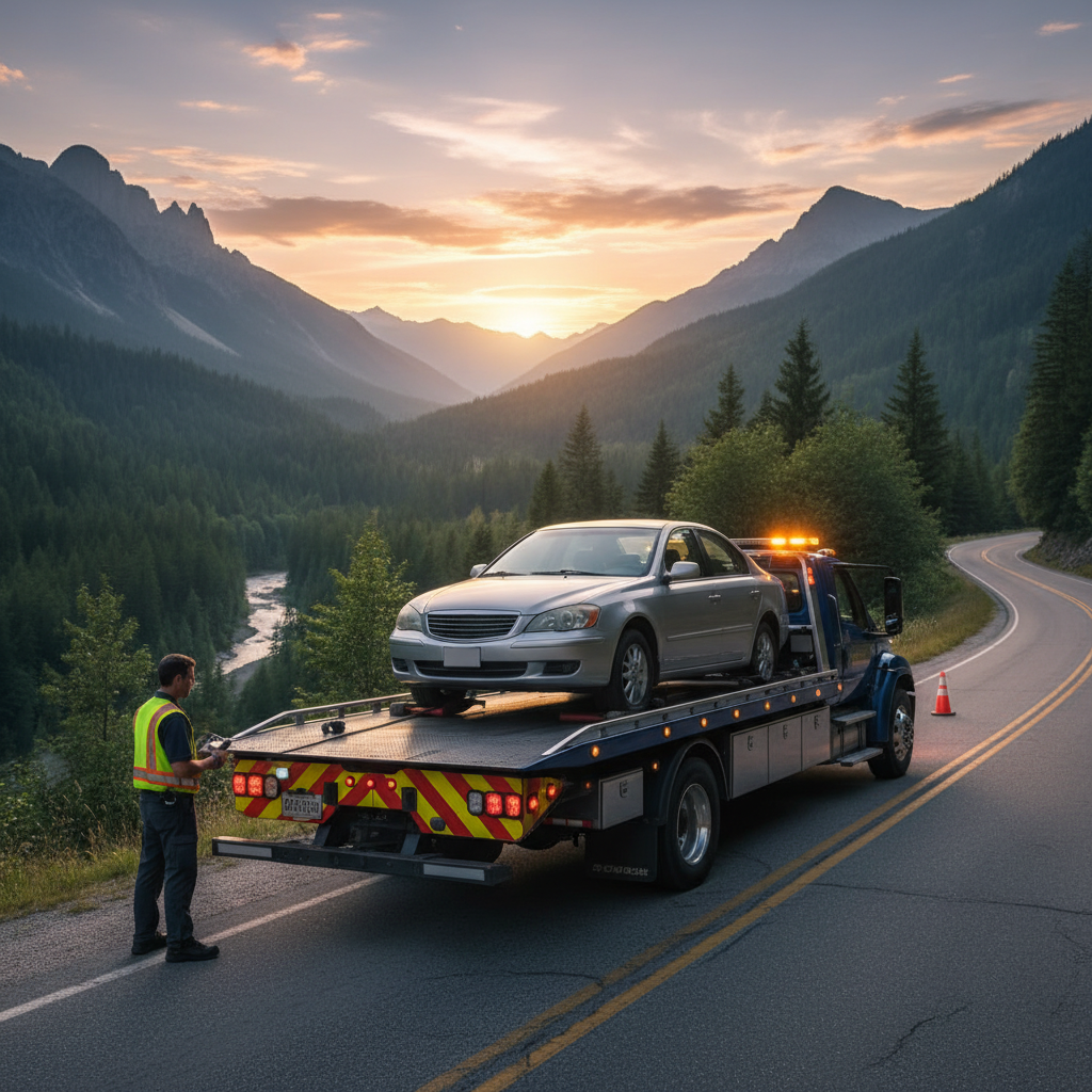 Yolda kalmış bir araç ve oto çekici hizmeti.